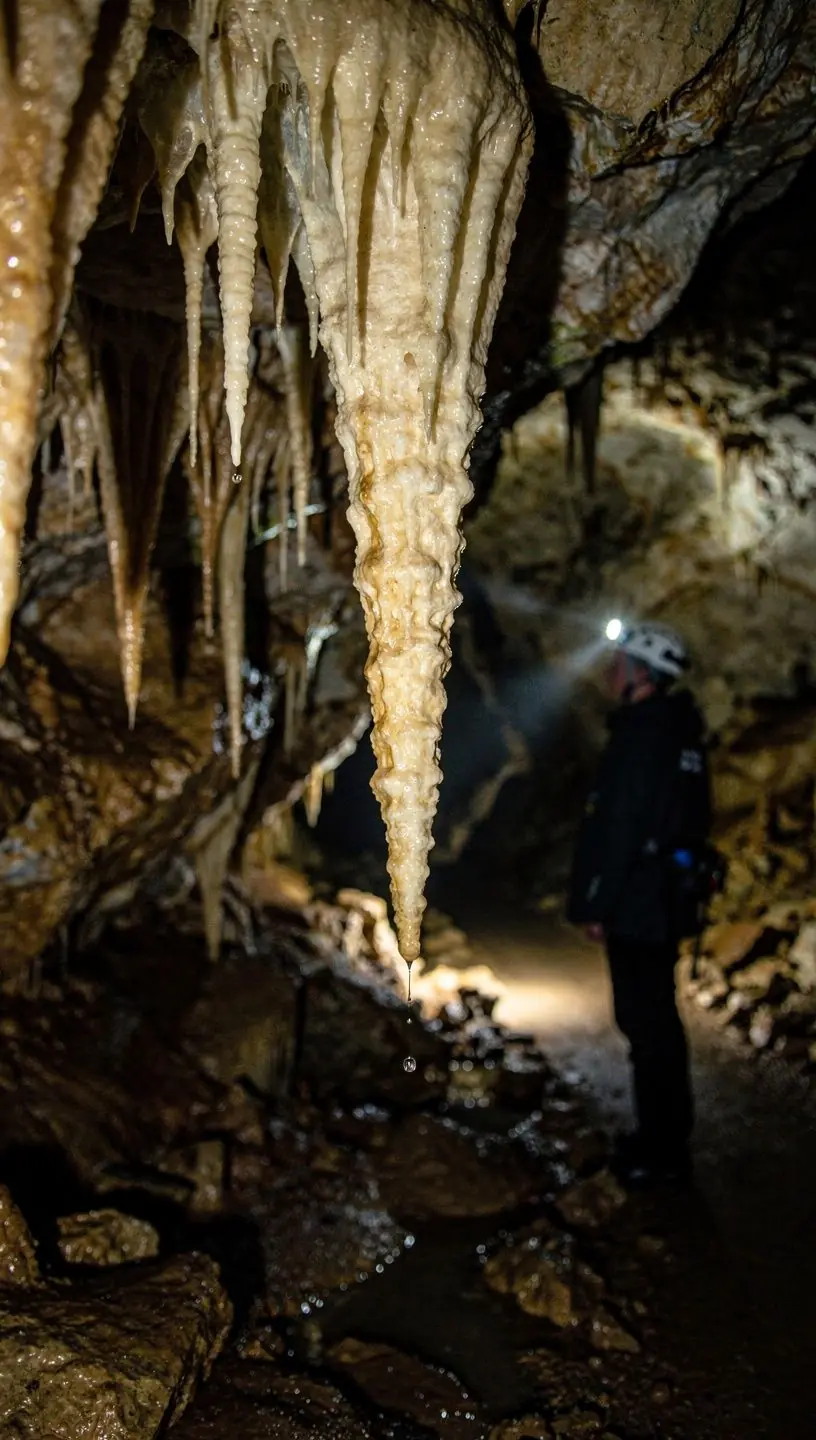 A stunning view of the Demänovská caves showcasing intricate stalactite formations hanging from the ceiling.