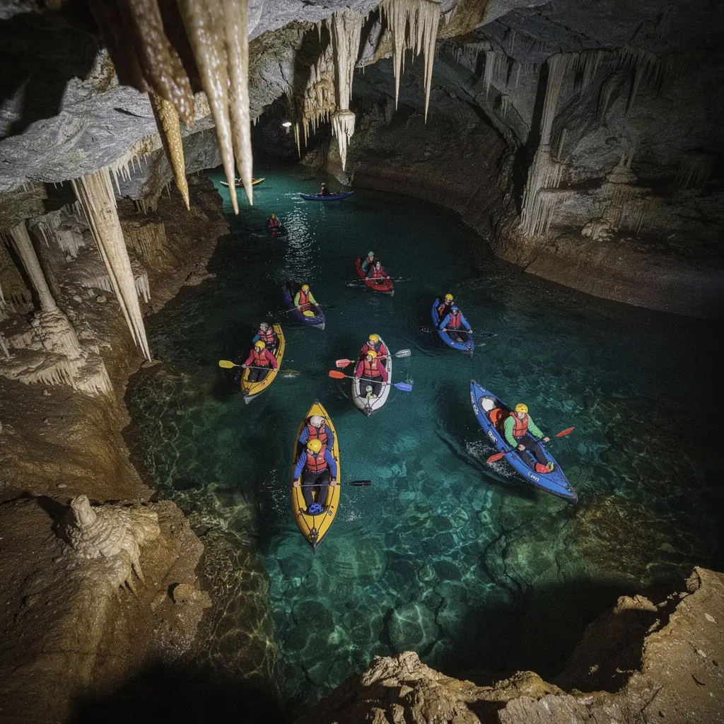 A close-up image of glistening stalactites reflecting light within the dark cavern, highlighting nature's artistry.